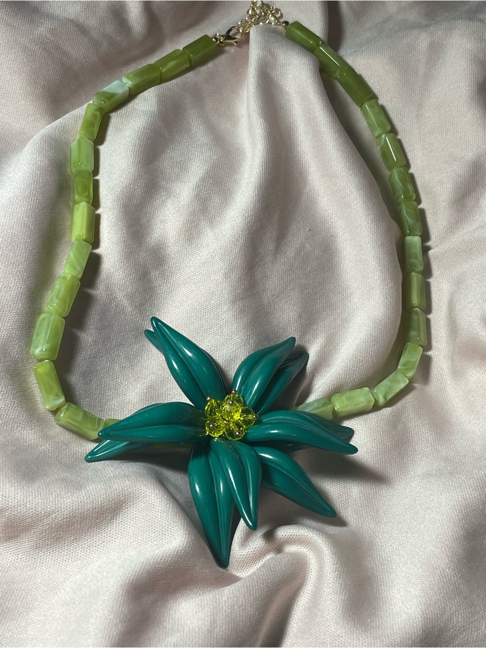 Teal Flower Pendant Necklace with Lime Beaded Chain